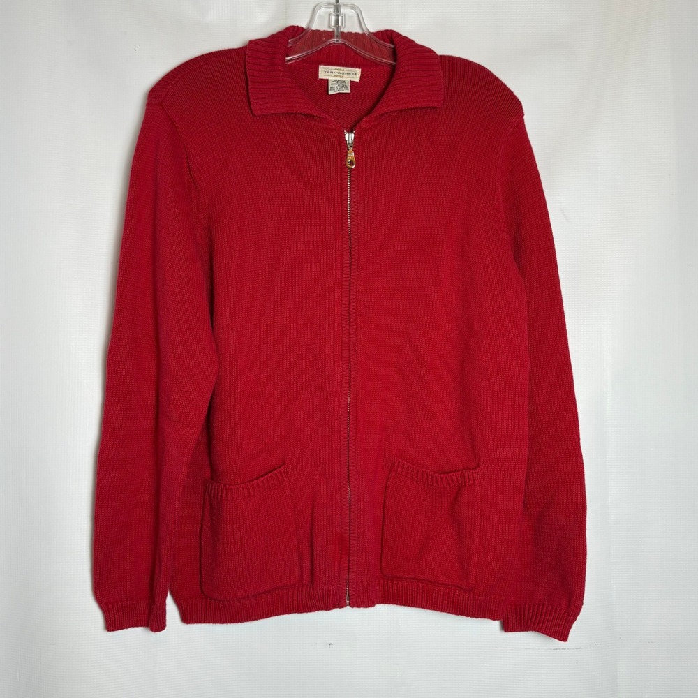 Yarnworks Womens Red 100% Cotton Full Zip Cardigan‎ Sweater Medium Ribbed Knit